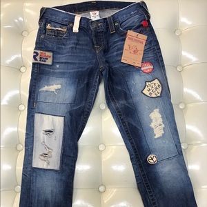 True Religion denim capris with patchwork detail
